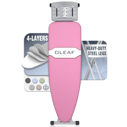 oleaf Ironing Board with Cover and Thicken Pad Height Adjustable Full Size Foldable Iron Board with Iron Rest, Stable Steel Legs, Metal Construction, Heat Resistant, Pink - color: Pink