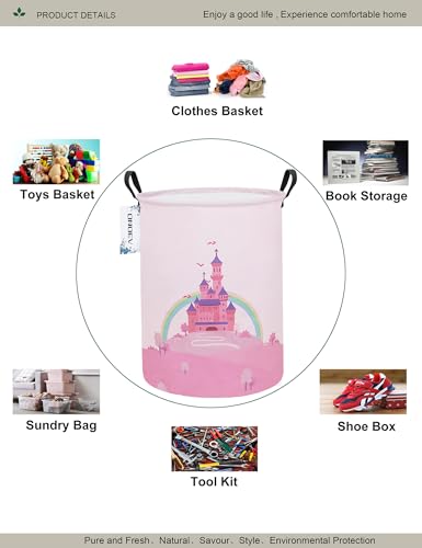 Round Foldable Pink Fairy Castle Laundry Hamper for Teens and Young Adults - color: Round Pink Castle