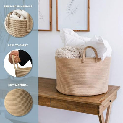 OrganiHaus Round Toy Basket & Blanket Basket, Cotton Rope 20x13" - color: Full Honey, size: Wide