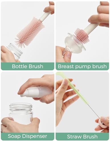 Momcozy 7-in-1 Baby Bottle Brush Set with Drying Rack, Pink - color: Pink, size: Classic Style