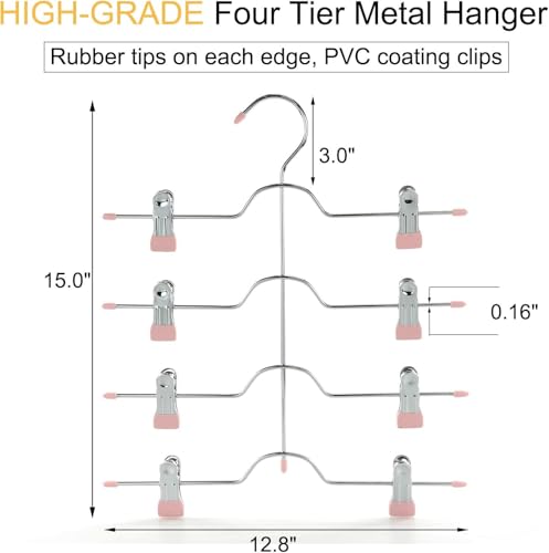 TOPIA HANGER 4 Tier Metal Skirt Hangers with Clips 80% Space Saving 4 Pack - color: Pink, size: 4 Pack