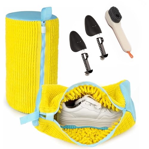 Shoe Washing Machine Bag for Washer & Dryer, Mesh Laundry Shoe Bag with Brush & Shoe Trees, Sneaker Cleaning Bag, Reusable Shoe Cleaner, Fits Up to Size 13