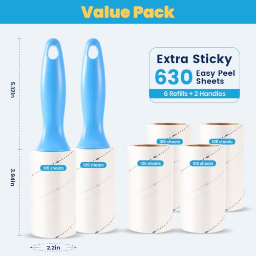 630 Sheets Extra Sticky Lint Roller for Pet Hair, 2 Handles