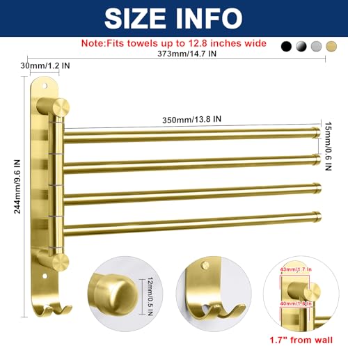 NearMoon Swivel Towel Rack, 13.8" Thicken 304 Stainless Steel 4-Arm Towel Bar, Space Saving Wall Mounted Towel Holder with Hook, Rustproof Swing Out Towel Hanger for Bathroom, Kitchen (Brushed Gold) - color: Brushed Gold, size: 13.8 Inch-Round