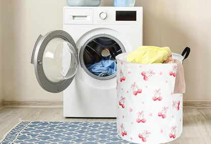 Cherry Print Round Laundry Hamper Storage Basket Bins Clothes Nursery Hamper for Home, Gift Storage Bins with Handles - color: Cherry