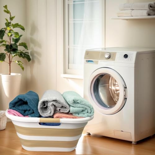 SAMMART 40L (10.5 gallon) Plastic Foldable Laundry Basket/Tub - Collapsible, Space Saving and Portable Laundry Hamper, Ideal for Home, Travel, Dorm, and Camping (1, White/Beige) - color: White/Beige