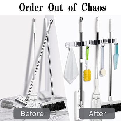 AceMining Broom Holder Wall Mount, 3 Racks 4 Hooks Heavy Duty Mop Organizer - color: 3 Racks & 4 Hooks (Silver) - 1 Pack