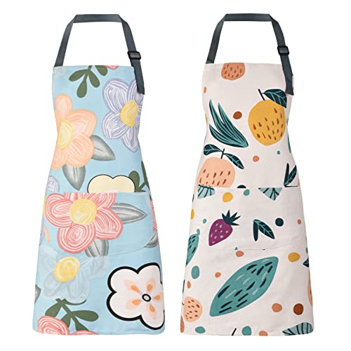 2 Pack Floral Apron for Women with Pockets, Adjustable Cotton Chef Aprons for Kitchen, Cooking, BBQ & Grill - color: Orange/Floral