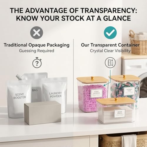 FUSHITON Laundry Pods Storage Container, 3+1 Clear Storage Bins with Bamboo Lids for Detergent Pods, Scent Beads & Dryer Sheets, Includes 16 Labels and 3 Measuring Scoops - size: 3+1 Set