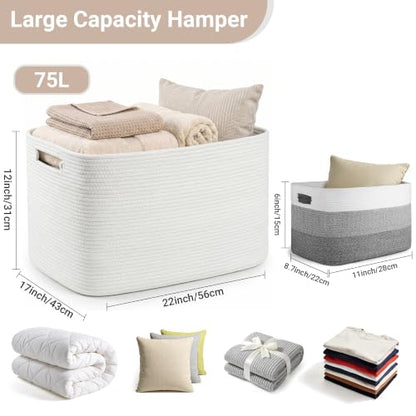 Large Laundry Basket/Hamper, 22"x17"x12", White - color: White, size: 75L