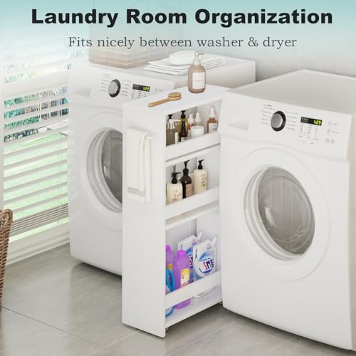 MARTY Slim Rolling Storage Cart, Wood Utility Kitchen Bathroom Laundry Cart - color: All White, size: 7.9"D x 15.75"W x 31.5"H