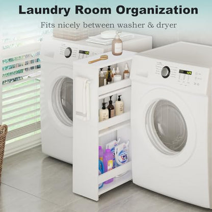 MARTY Slim Rolling Storage Cart, Wood Utility Kitchen Bathroom Laundry Cart - color: All White, size: 7.9"D x 15.75"W x 31.5"H