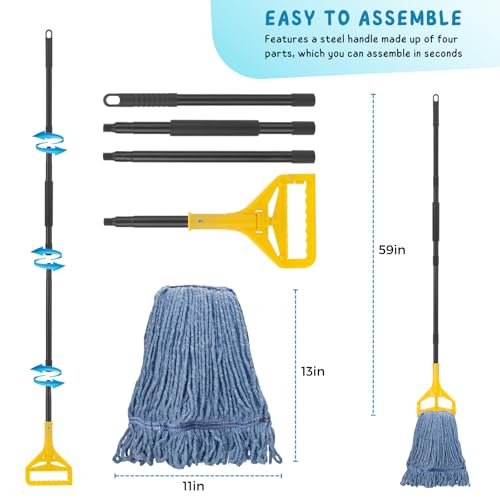 Commercial Mop for Floor Cleaning, 59'' Heavy Duty Industrial Mops with Long Handle, Cotton String Wet Mop for Garage, Office, Warehouse, Home, Workshop (2 Mops Head) - size: 59in