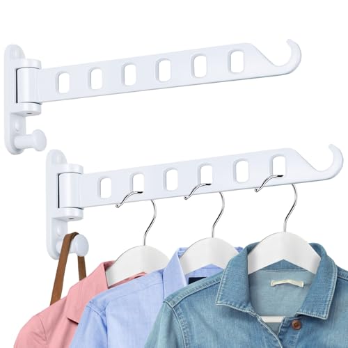 Laundry Drying Rack Wall Mounted - Swing Arm Clothes Hanger with 6-Hole, 180° Rotation Coat Hanger Holder, Foldable Valet Hook for Laundry Closet (2-Pack, White) - color: White (6-hole, 11.4")