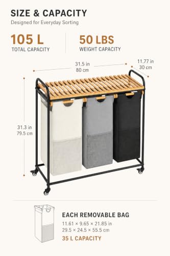 105L Laundry Hamper with Wheels, 3 Section Rolling Laundry Sorter Cart with Bamboo Shelf, Large Clothes Basket for Laundry Room and Bathroom