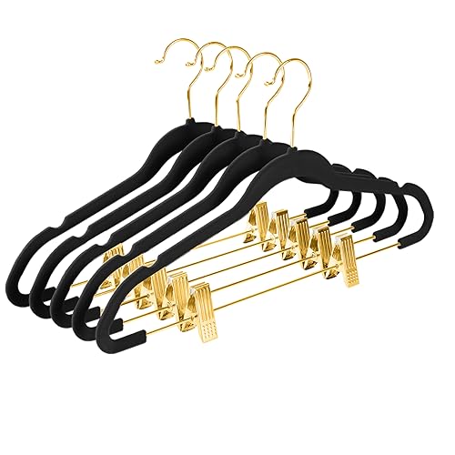 MIZGI Premium Velvet Pants Hangers with Adjustable Clips (Pack of 20) Slim Skirt Hangers- Non Slip Felt Outfit Dress Hangers Black - Gold Hooks,Space Saving Shirt Clothes Hangers - color: Black/Gold, size: 20-Pack