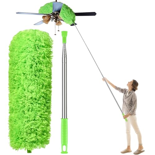 Microfiber Feather Duster, High Ceiling Fans with 30-100 Inch Pole, Green - color: Green