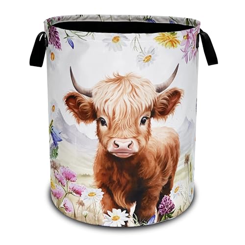 Highland Cow Laundry Basket Oxford Cloth Animal Flowers Laundry Hamper - color: Highland Cow