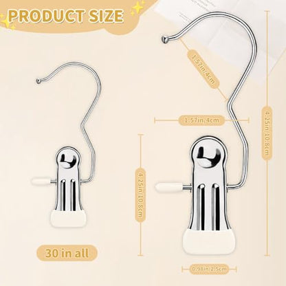 30 Pieces Boot Hanger Clips with Hook, Multifunctional Stainless Steel Clothes Pins, Space Saving Single Hanging Clips for Closet Pants Hats Socks Gloves Towels, White