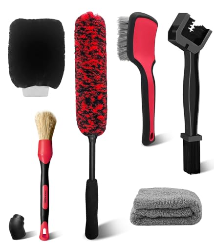 YeewayVeh 6PCS Motorcycle Cleaning Kit, Bendable Wheel Tire Brush,Black/Red - color: Black&Red, size: 6 Pack