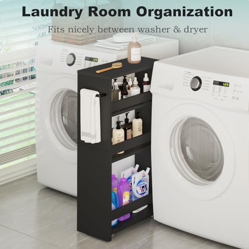 MARTY Slim Rolling Storage Cart, Wood Utility Kitchen Bathroom Laundry Cart - color: All Black, size: 7.9"D x 15.75"W x 31.5"H