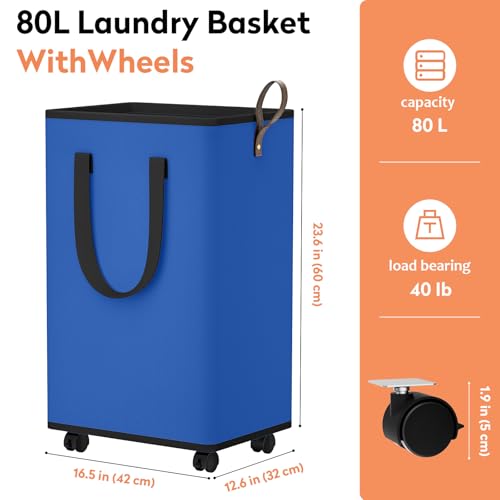 SpaceTrove Rolling Laundry Basket with Wheels, Laundry Hamper, 80L, Blue - color: Blue, size: 80L