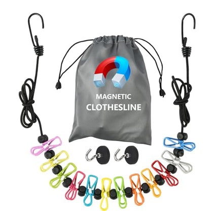 Portable Magnetic Clothesline for Cruise Ship Cabin, Travel Clothesline with 12 Clips and Carry Bag, Rubber-Coated Non-Scratch Magnets for Cruise, RV & Hotel