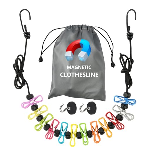 Portable Magnetic Clothesline for Cruise Ship Cabin, Travel Clothesline with 12 Clips and Carry Bag, Rubber-Coated Non-Scratch Magnets for Cruise, RV & Hotel