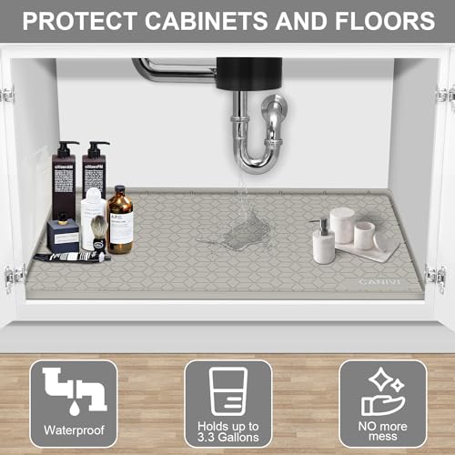 Under Sink Mat, 34"x22" Waterproof Tray for Cabinet, Holds 3 Gal - color: Khaki, size: 22"W x 34"L
