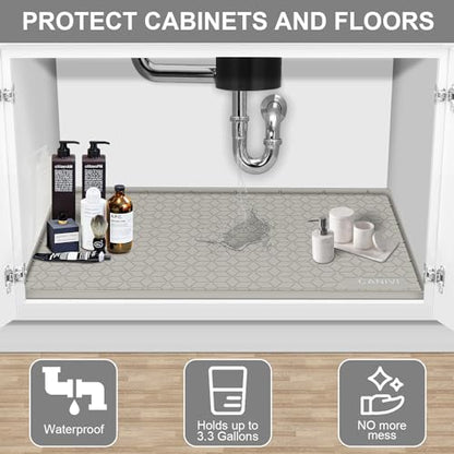 Under Sink Mat, 34"x22" Waterproof Tray for Cabinet, Holds 3 Gal - color: Khaki, size: 22"W x 34"L