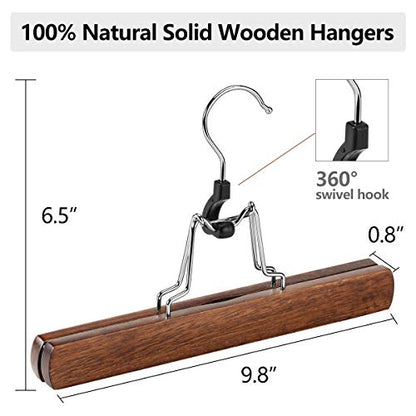 AMKUFO 12 Pack Wooden Pants Hangers with Clips Non Slip Skirt Hangers Walnut Trouser Clamp Hanger Solid Wood Hanger with 360° Swivel Hook - color: Walnut, size: 12 Pack