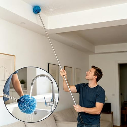 9FT Cobweb Duster with Extension Pole, Stiff Bristles & Adjustable Handle – Lightweight Dust Cleaner for Ceiling, Walls, Vents, Eaves – Indoor & Outdoor Use, Reusable Washable Head, Cleans Up to 16FT - size: 9 FT