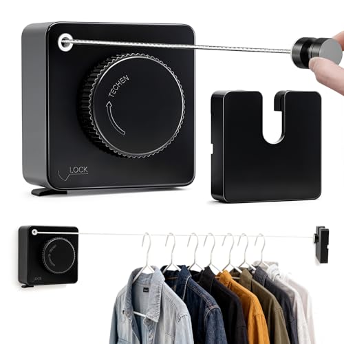 Retractable Clothesline Indoor Outdoor, 15.1 Ft Non-Sagging Heavy Duty Clothes Drying Line Stainless Steel Retractable Clothes Line Wall Mounted Indoor/Outdoor Laundry Line (Square-Black)