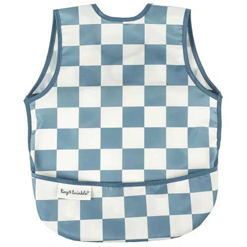 Tiny Twinkle Mess Proof Baby Bib for Boys | Waterproof Toddler Bib for Eating | Baby Apron for Feeding, Machine Washable | Perfect Shower Gift (Blue Checkers, 6–24M) - color: Blue Checkers, size: Small 6-24 Months