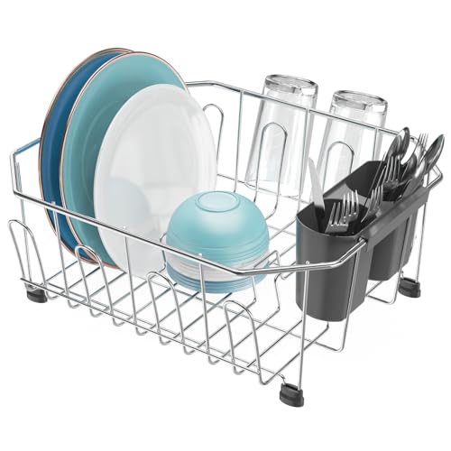 GSlife Small in Sink Dish Drying Rack, Stainless Steel, 13.4" x 11.6" - color: Silver Rack With Black Utensil Holder, size: Small - 13.4" x 11.6" x 5.3"