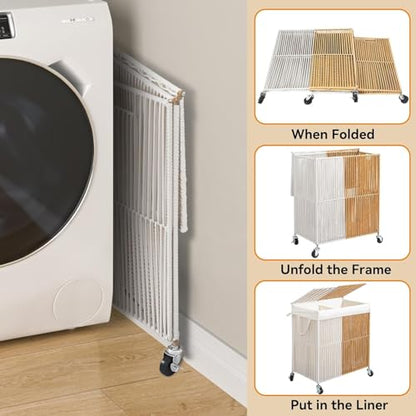 WOWLIVE Rolling Laundry Basket Wheels, Handwoven Laundry Hamper with Lid - color: White and Natural, size: 115L(22 x 13 x 26.4 Inches)