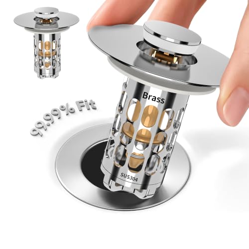 Sink Stopper Drain Hair Catcher,Bathroom Sink Drain Strainer with Removable Anti-Clogging Basket,Easy to Install Bathroom Sink Stopper Drain Catcher for 1.06-1.61in Basin Washstand Hole - color: Silver