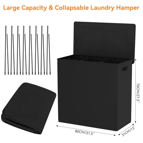 WOWLIVE 180L Laundry Hamper 3 Section, Large Laundry Basket with Lid - color: Black, size: 180l (31.5"L x 12.5"W x 28"H)