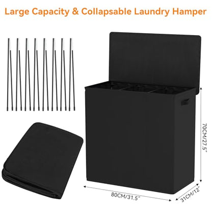 WOWLIVE 180L Laundry Hamper 3 Section, Large Laundry Basket with Lid - color: Black, size: 180l (31.5"L x 12.5"W x 28"H)