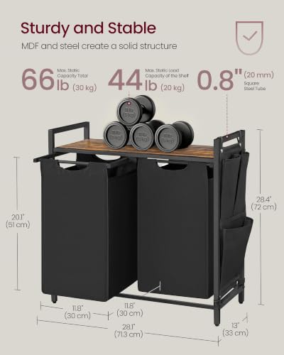 VASAGLE Laundry Hamper with Shelf, 2 Pull-Out Bags, 2 x 12.1 Gallons (46 L) - color: Black + Rustic Brown, size: 2 Bags - 92 L