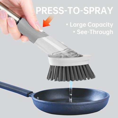 Soap Dispensing Scrub Dish Brush Head Replacements - 4 Kitchen Cleaning Brush Dish Wand Head, Scraper Heads for Stubborn Grime on Pots Pans, Stand/Hang Storage-Grey,Father's Day - color: Grey White