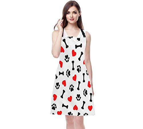 EKOBLA Dogs Paw Print Aprons Animal Bones Cute Lovely Cartoon Adorable Footprint Red Heart Waterproof Resistant Chef Cooking Kitchen BBQ Adjustable Aprons for Women Men 27x31 Inch - color: Multi-a128