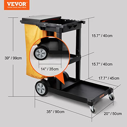 VEVOR Cleaning Cart, 3-Shelf Commercial Janitorial Cart, 200 lbs Capacity Plastic Housekeeping Cart, with 25 Gallon PVC Bag and Cover, 47 x 20 x 38.6in, Yellow&Black - color: Black+lid