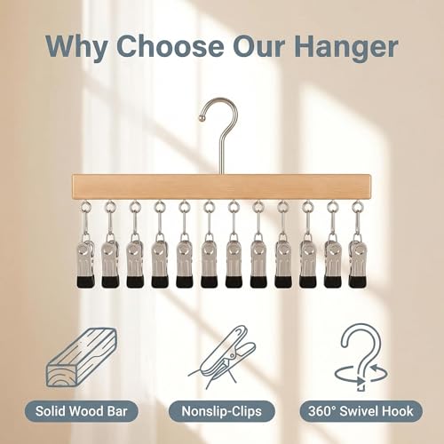 Pure Wood Rotating Closet Organizer with 12 Clips, Legging Hangers for Closet Organizer- 360 Rotating Metal Clips with Silicone Lining, Space Saving Hanging for Jeans Skirts Socks (1)