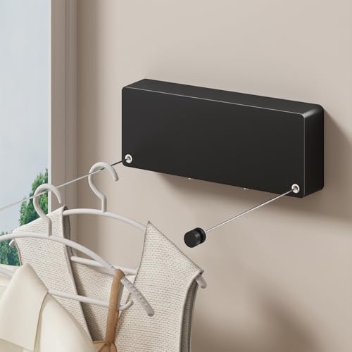 Retractable Clothesline Indoor, Non-Sagging Clothes line retracting Outdoor, Heavy Duty Wall Mounted Laundry Line Adjustable Stainless Steel for Laundryroom, Bathroom, 15.8 Feets Double Lines Black - style: Black