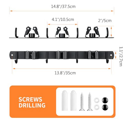 2 Pack Broom Hanger and Mop Holder, Heavy Duty Garden Tool Organizer Rack Rake and Shovel Handle, Stainless Steel Wall Mounted Utility Rack with Screws (3 Racks with 4 Hooks, Matte Black). - color: 2 Pack, size: 3R4H