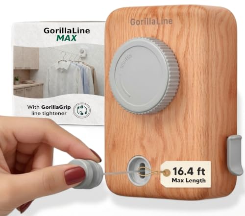 GorillaLine Max – Retractable Clothesline Indoor Outdoor, Non-Sagging Heavy Duty Clothes Drying Line, Wall Mounted Drying Rack, Air Dry Clothing, Max Tighten with GorillaGrip - color: Wood Max