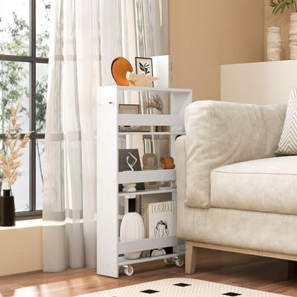 LOKO Slim Storage Cart, 4-Tier Rolling Cart with Handle & Wooden Top for Kitchen Bathroom Laundry Living Room Narrow Small Spaces, 5 Inches Width (Plain White) - color: Plain White