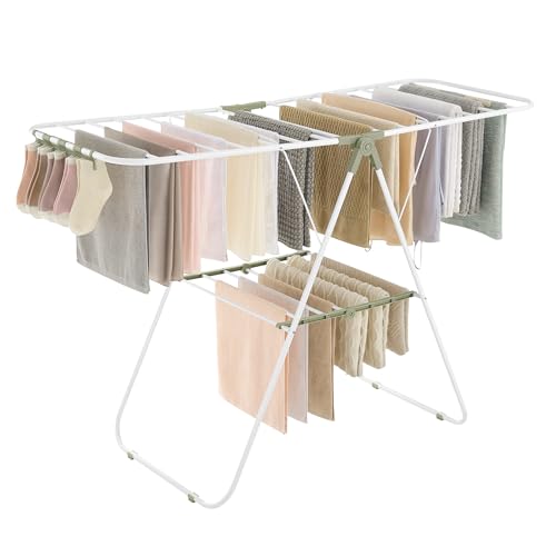 SONGMICS Clothes Drying Rack, Foldable Space-Saving Laundry Drying Rack - color: White + Green, size: 1 Tier （21.7"d x 58.3"w x 39.4"h）