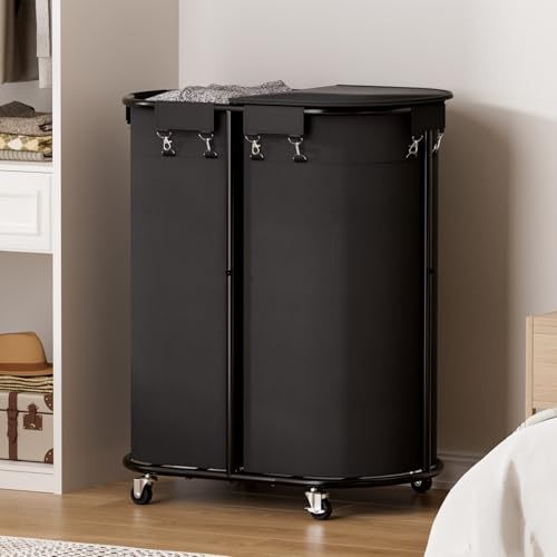 200L Double Laundry Hamper with Lid & Wheels, Oval Rolling Laundry Basket - color: Black, size: 200L(24.8"L x 16.9"W x 31.5"H)